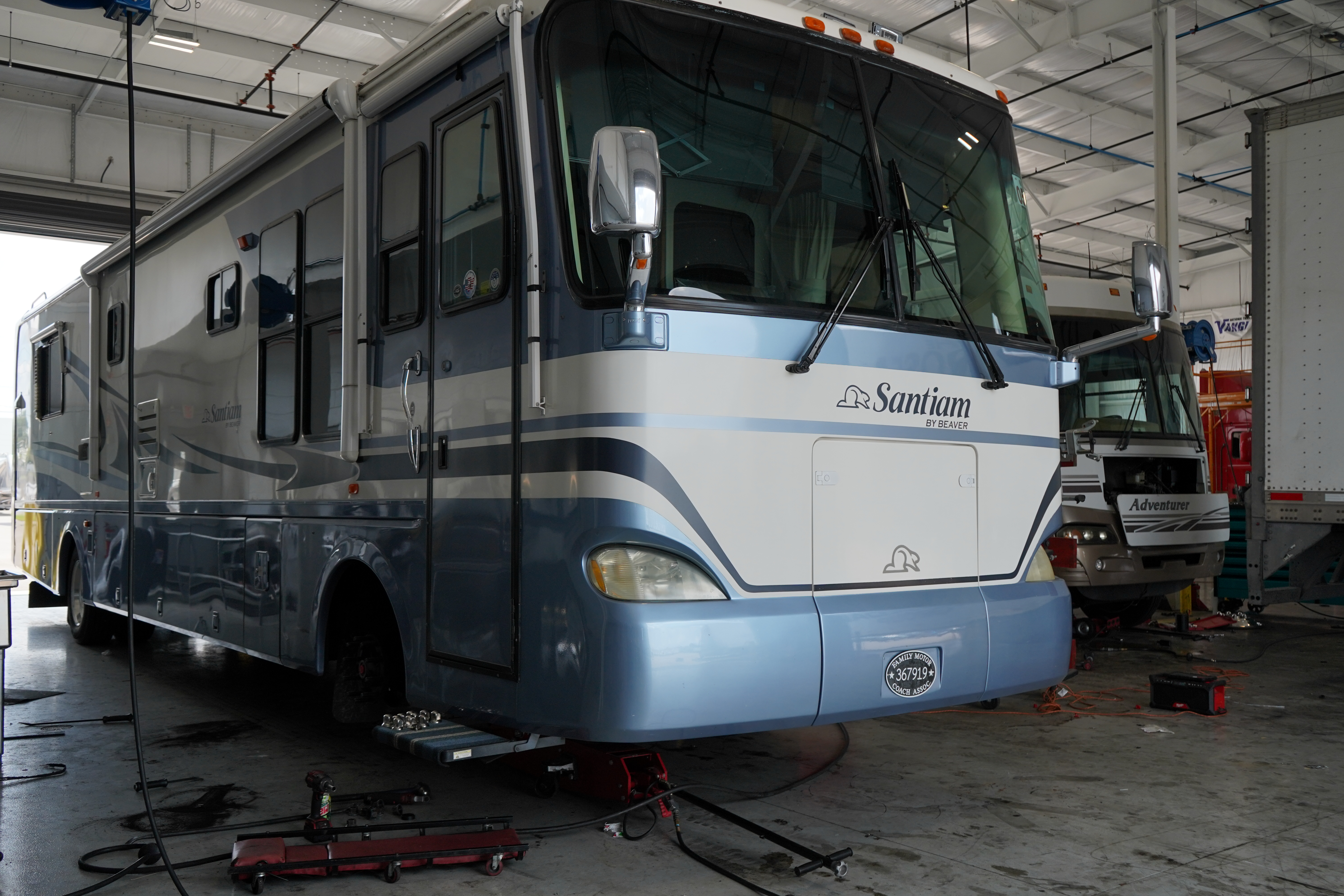 Class A Diesel Pusher RV being serviced in our large bay