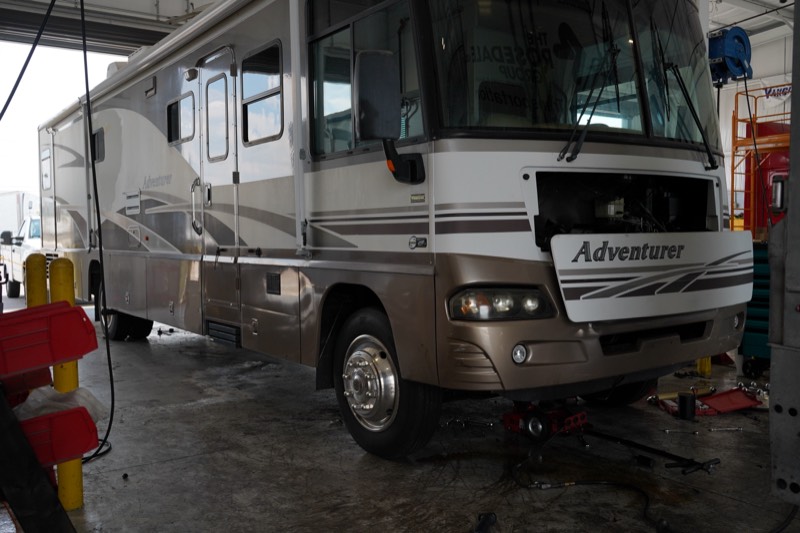 Winnebago Adventurer Class A RV in for maintenance